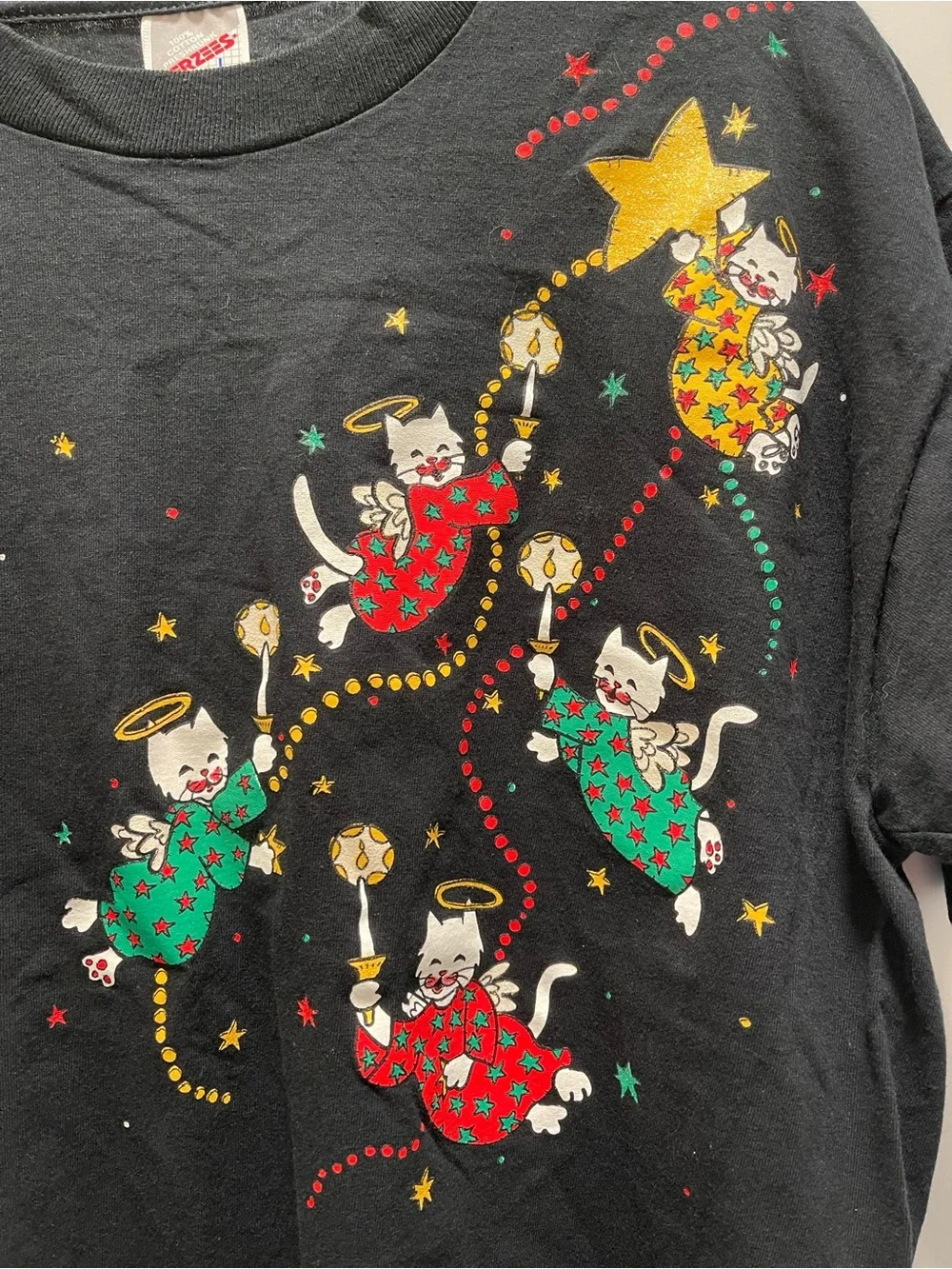 Vintage 90s Jerzees Cat Angel Christmas T Shirt L Black Holiday Graphic USA